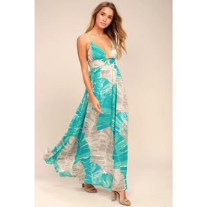 NWT Lulu's XL Turquoise Cream Print Backless Maxi Dress